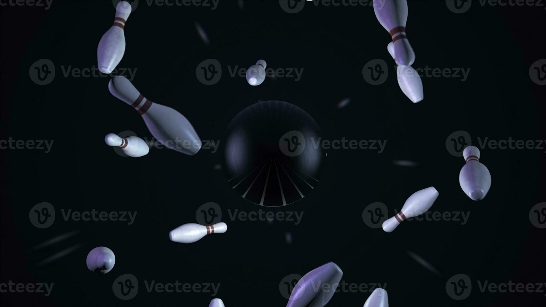 Abstract black ball knocking down pins and they fly into the sides on black background. Animation. 3D white skittles and ball, bowling and active sport games concept. photo