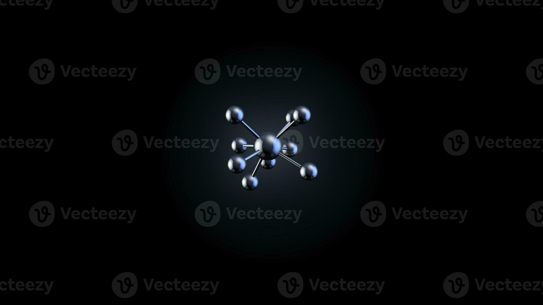 Realistic rotating model of molecule. Beautiful Molecule Structure in Microscope Growing on Black Background. Animated Molecule Silver 3d. Seamless loop. Depth of field. photo