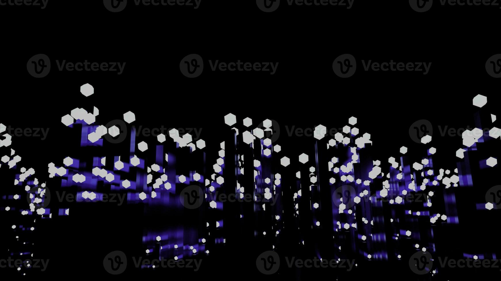 Flying up and down white cubes with blue traces on a black background. Design. Wavy motion of small 3d cubes and blue lines. photo