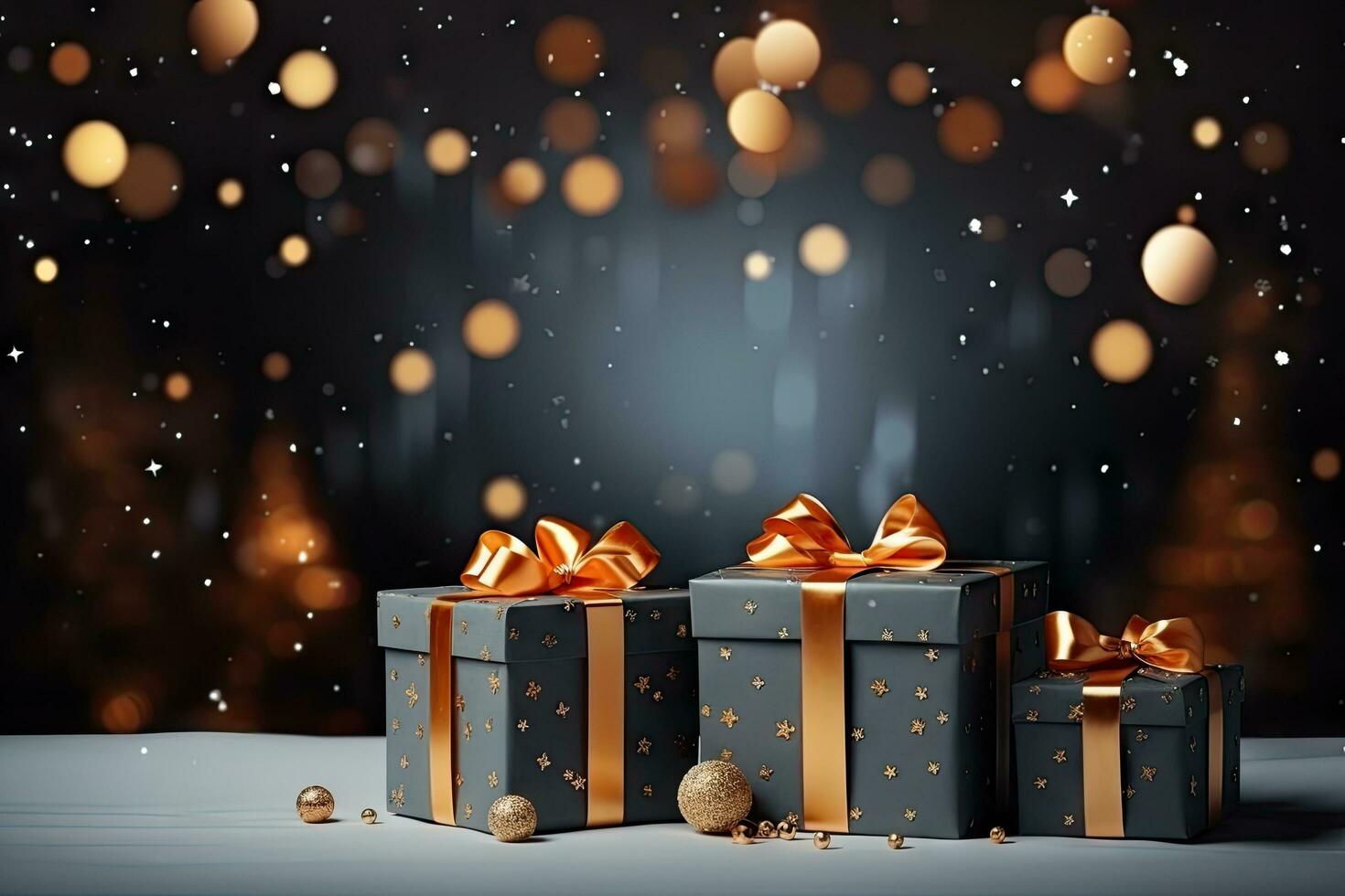 AI generated Christmas gift boxes on the floor Christmas tree branches and Christmas balls bokeh lights background. Generative AI photo