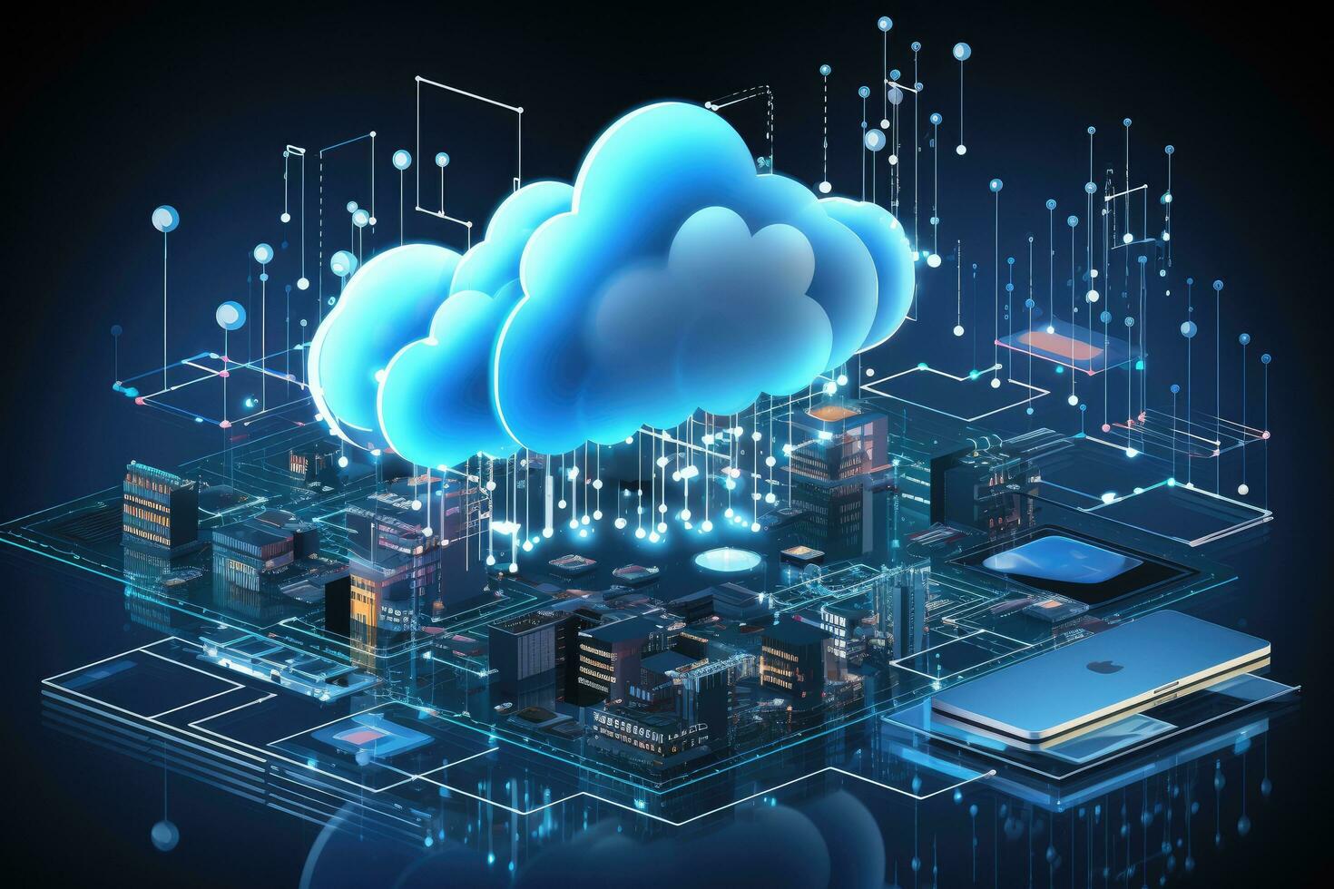 AI generated Digital informational technology web futuristic hologram with cloud computing. Generative AI photo