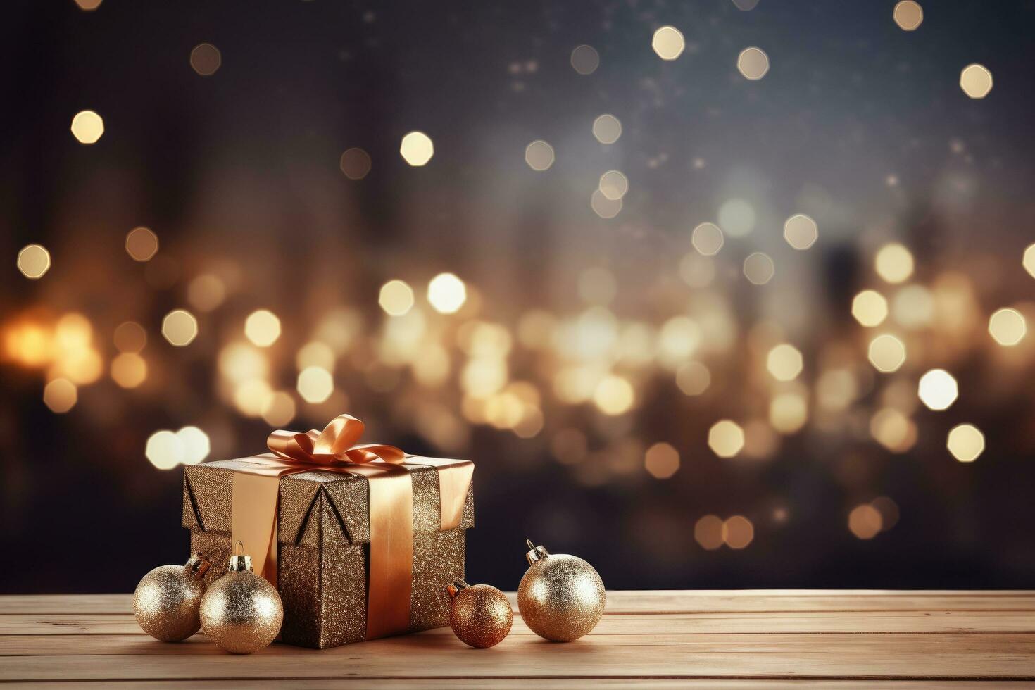 AI generated Christmas gift boxes on the floor Christmas tree branches and Christmas balls bokeh lights background. Generative AI photo