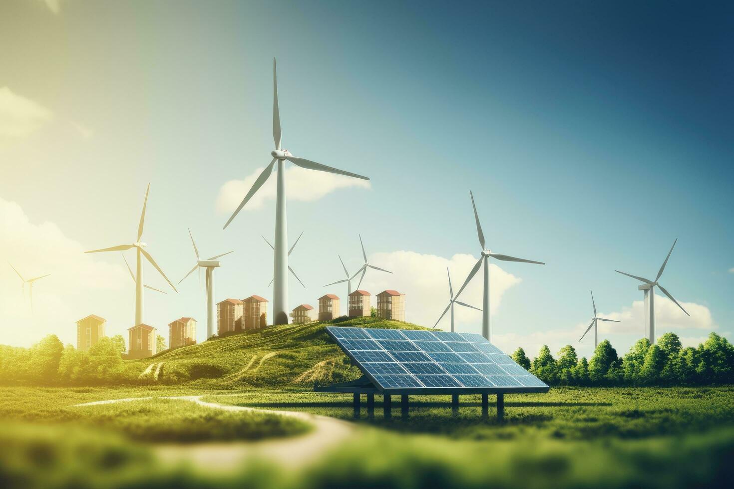 ai generado creando sostenible energía utilizando solar paneles y viento granjas es empresa amigable. el concepto de limpiar y sostenible desarrollo. generativo ai foto