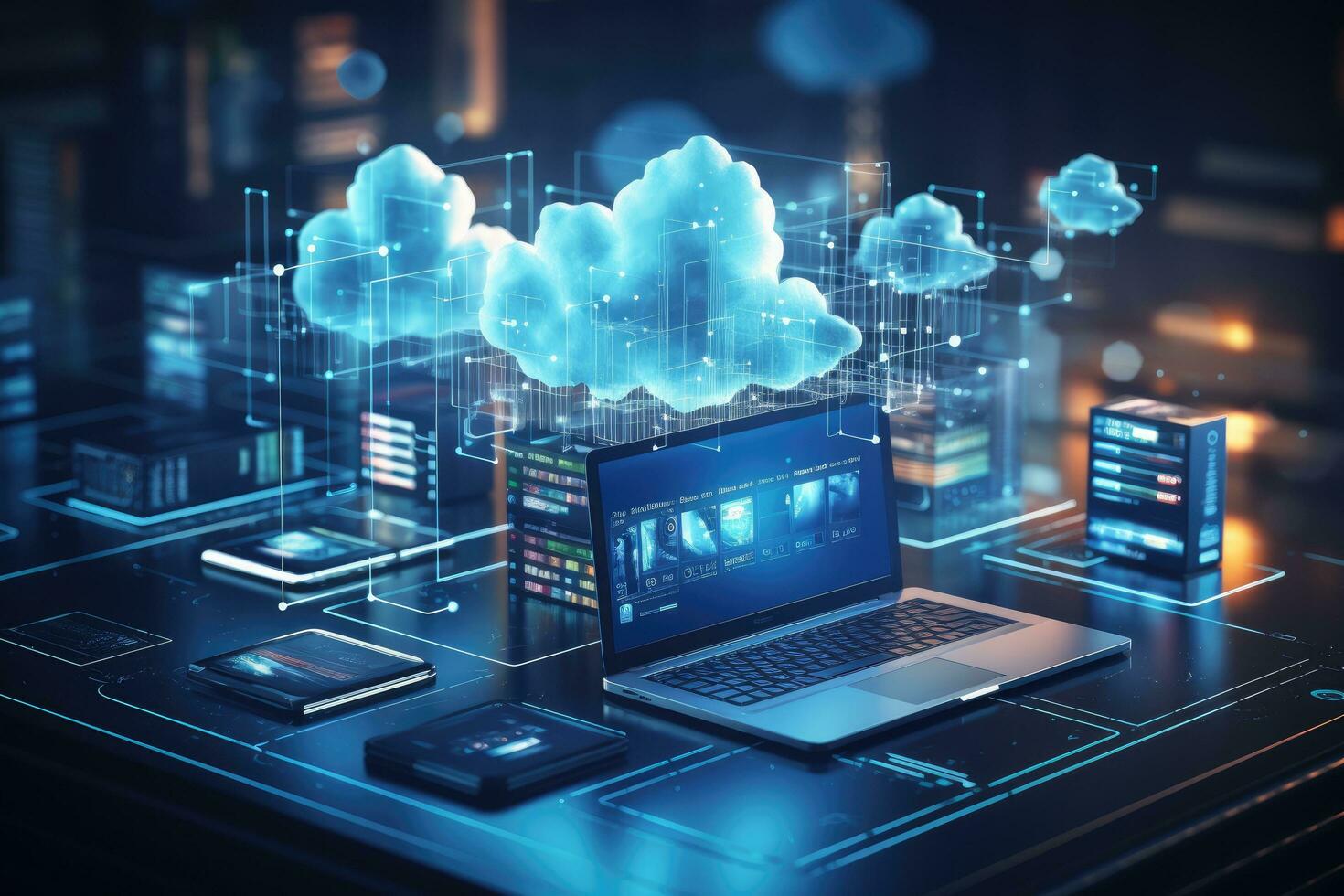 AI generated Digital informational technology web futuristic hologram with cloud computing. Generative AI photo