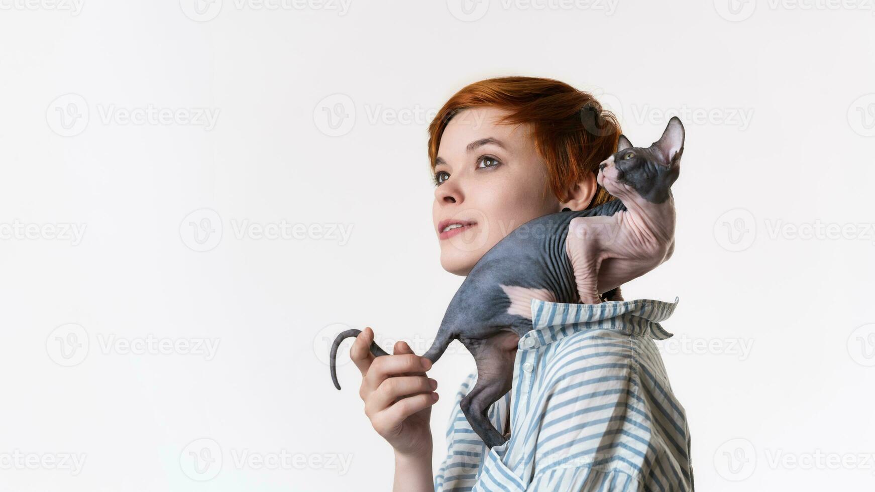 Smiling redhead young woman with Canadian Sphynx Cat sitting on her shoulder. Portrait of hipster dressed in striped white-blue shirt. Studio shot on white background, copy space. Part of series. photo
