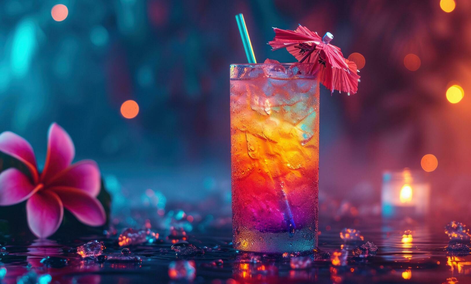 ai generado un tropical bebida a un bar es mostrado con un arco iris Paja en el medio foto
