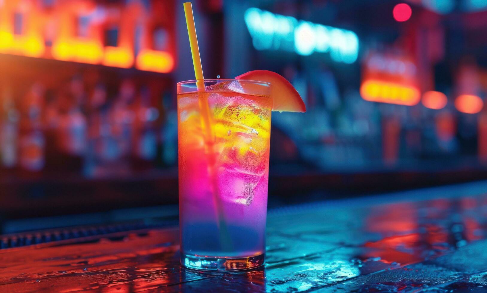 ai generado un tropical bebida a un bar es mostrado con un arco iris Paja en el medio foto