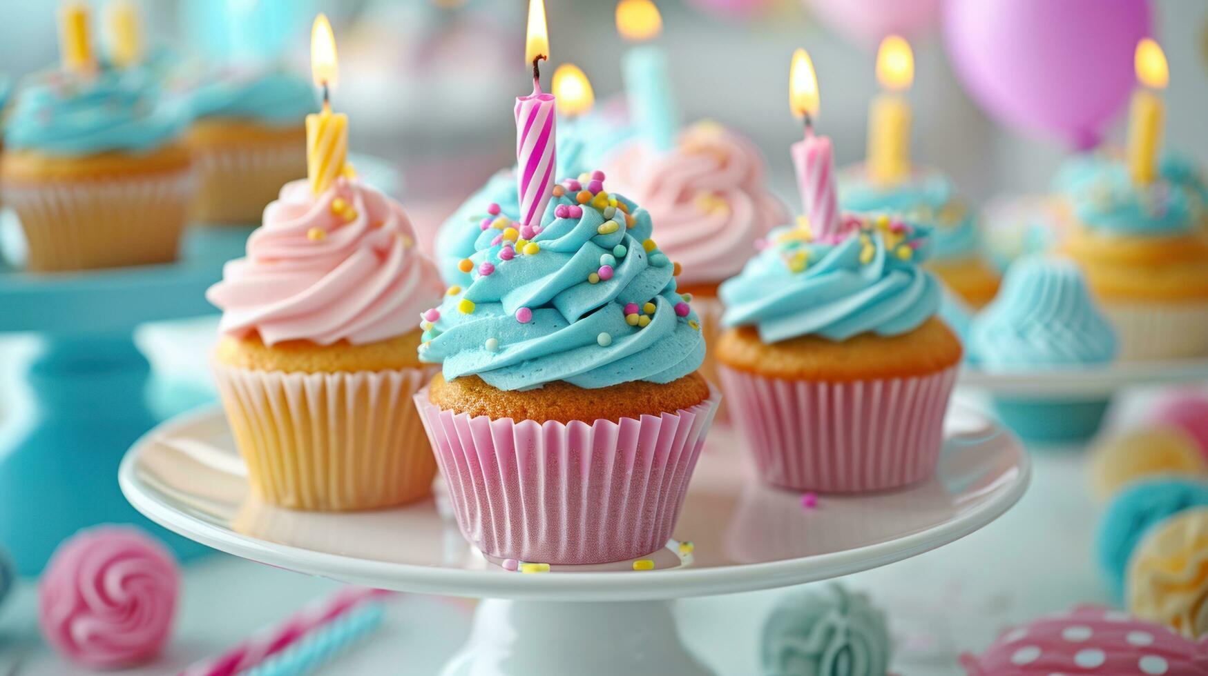 AI generated A table adorned with cupcakes, candles, and colorful decorations for a sweet birthday celebration photo
