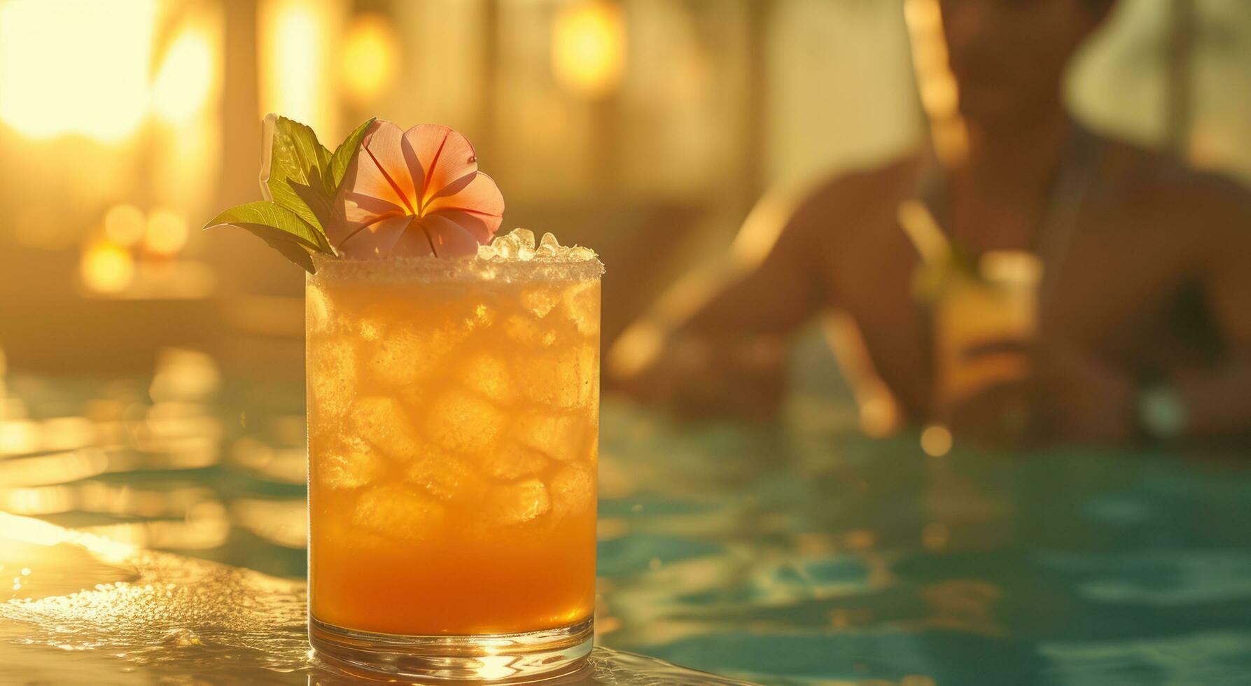 AI generated a man with a flower on top of a drink by a pool photo