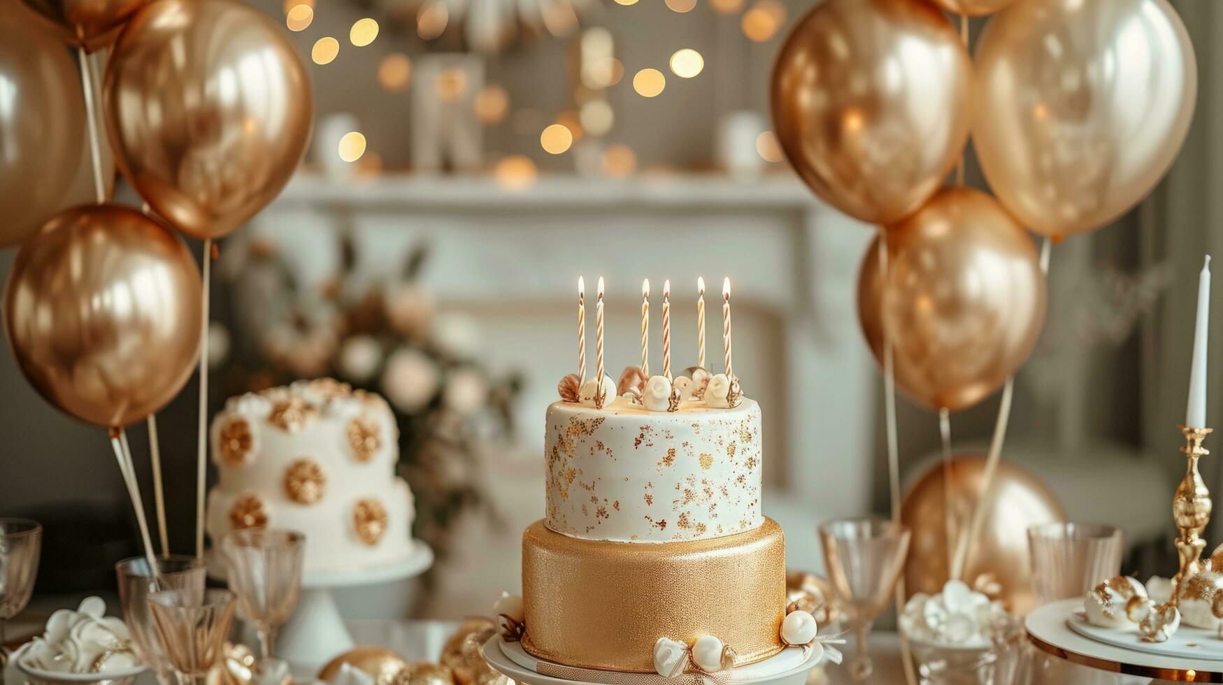 AI generated A touch of golden glamour with balloons, candles, and decorations for a sophisticated birthday affair photo