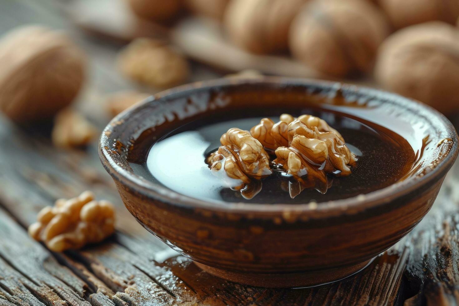 AI generated a shot of almond syrup with walnuts photo