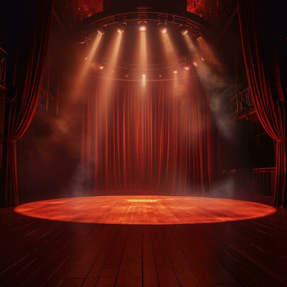 AI generated an empty stage with a red curtain and spotlight, traditional photo