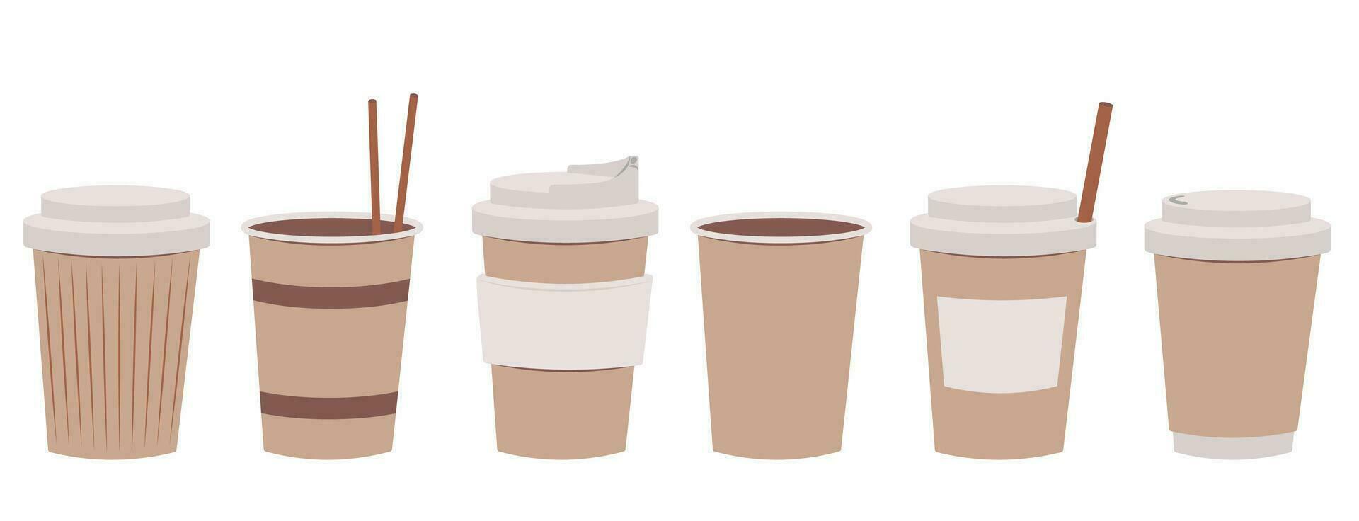 Isolated set of coffee cup paper containers take away with drinking straw in cartoon style with empty sticker. vector