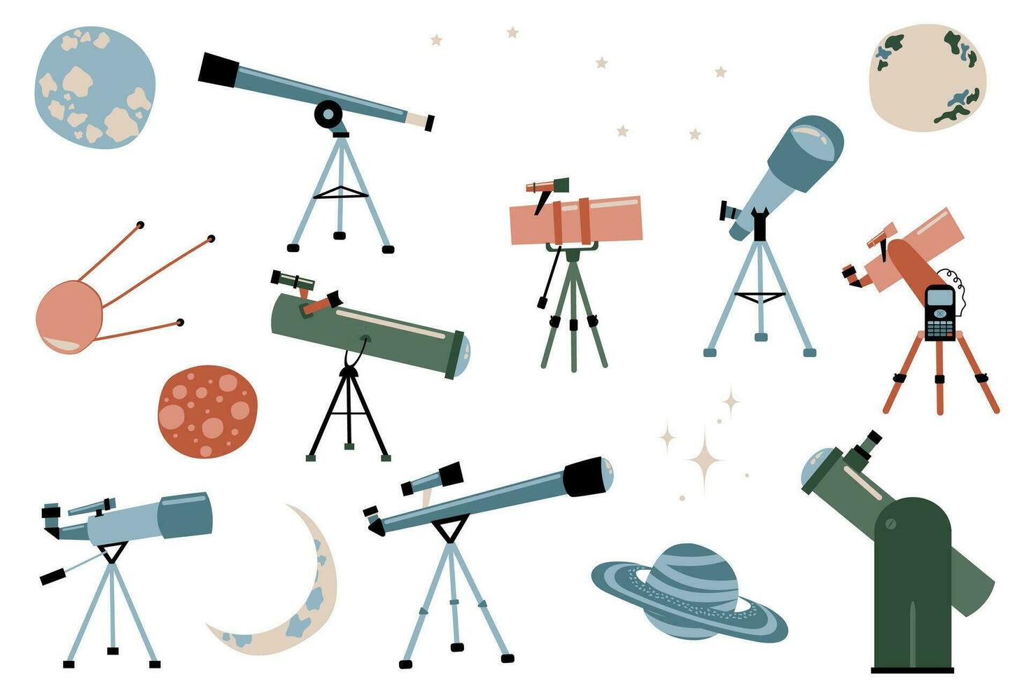 set of telescopes, astronomical telescopio, refractor, reflector, dobsonian mount, night optical for stars, exact sience. Cartoon observatorie. Research of galaxies, planets, stars, satellites vector