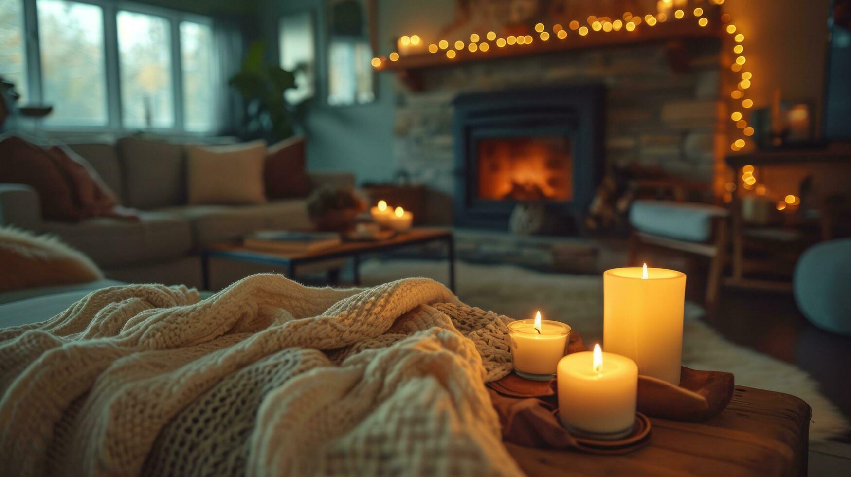 AI generated Candle-lit living room, soft textiles, fostering comfort, connection, and relaxation photo