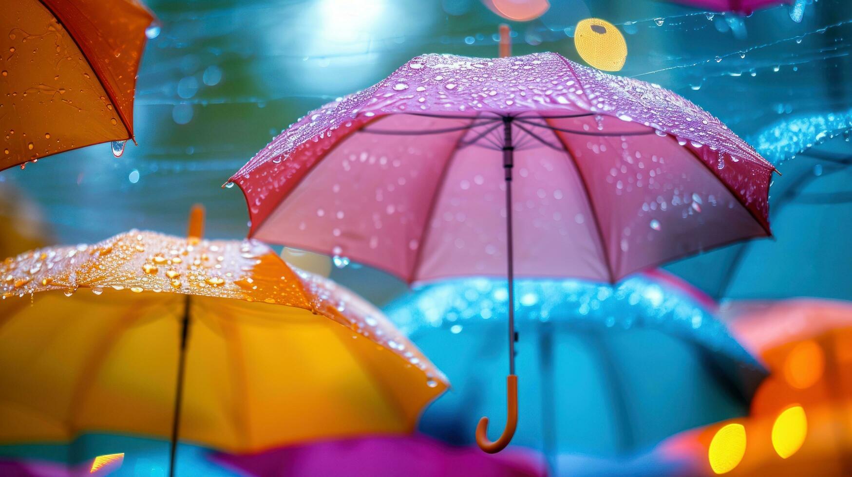 ai generado vistoso gotas de lluvia, sombrillas, y radiante matices crear un alegre primavera monitor foto