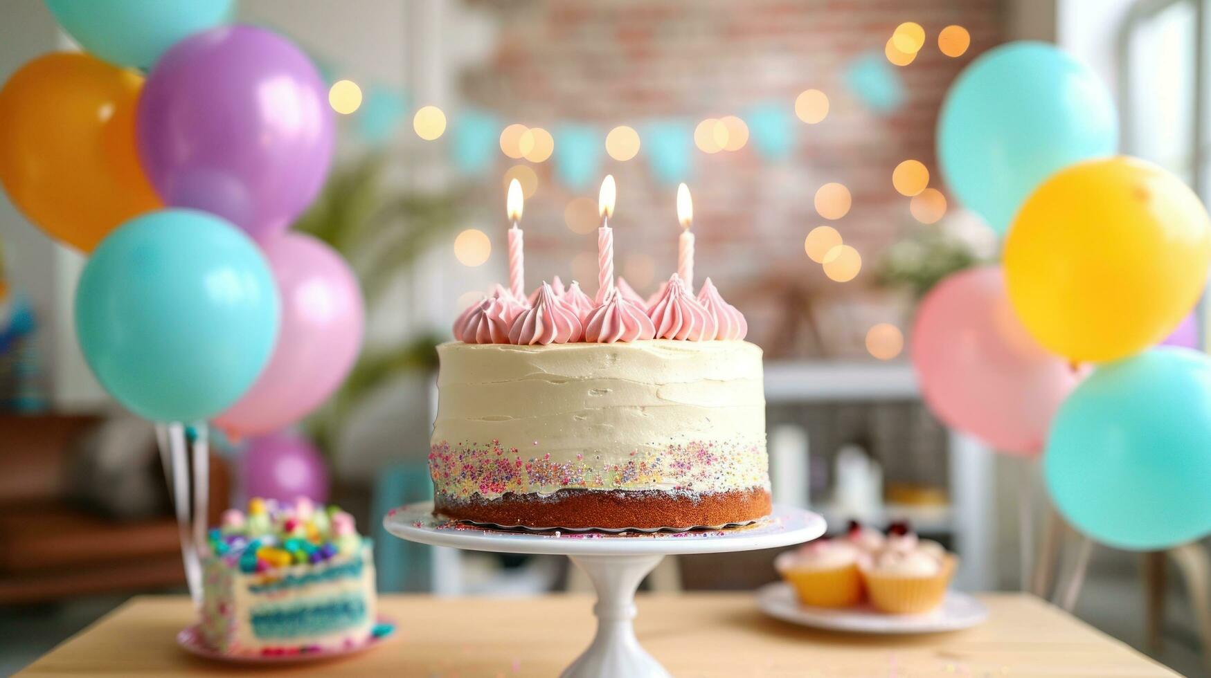 AI generated Colorful balloons, streamers, and a birthday cake create a cheerful ambiance photo