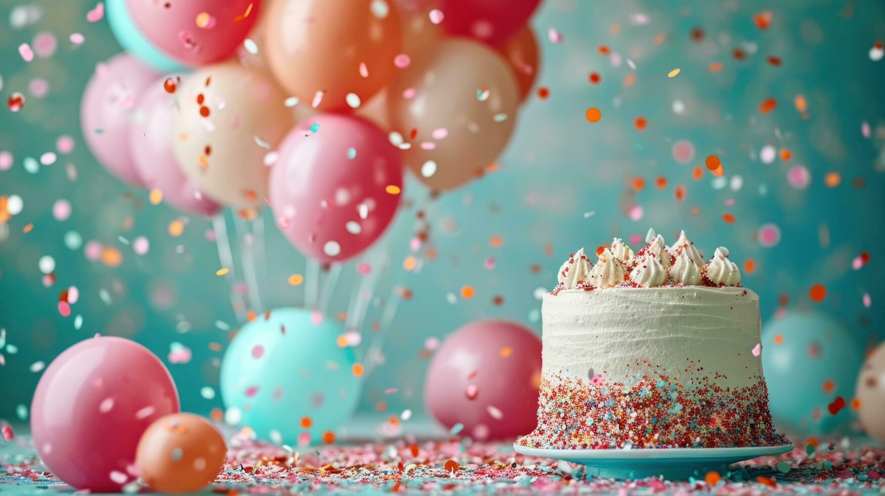 ai generado globos, papel picado, y un delicioso pastel conjunto el cumpleaños celebracion etapa foto