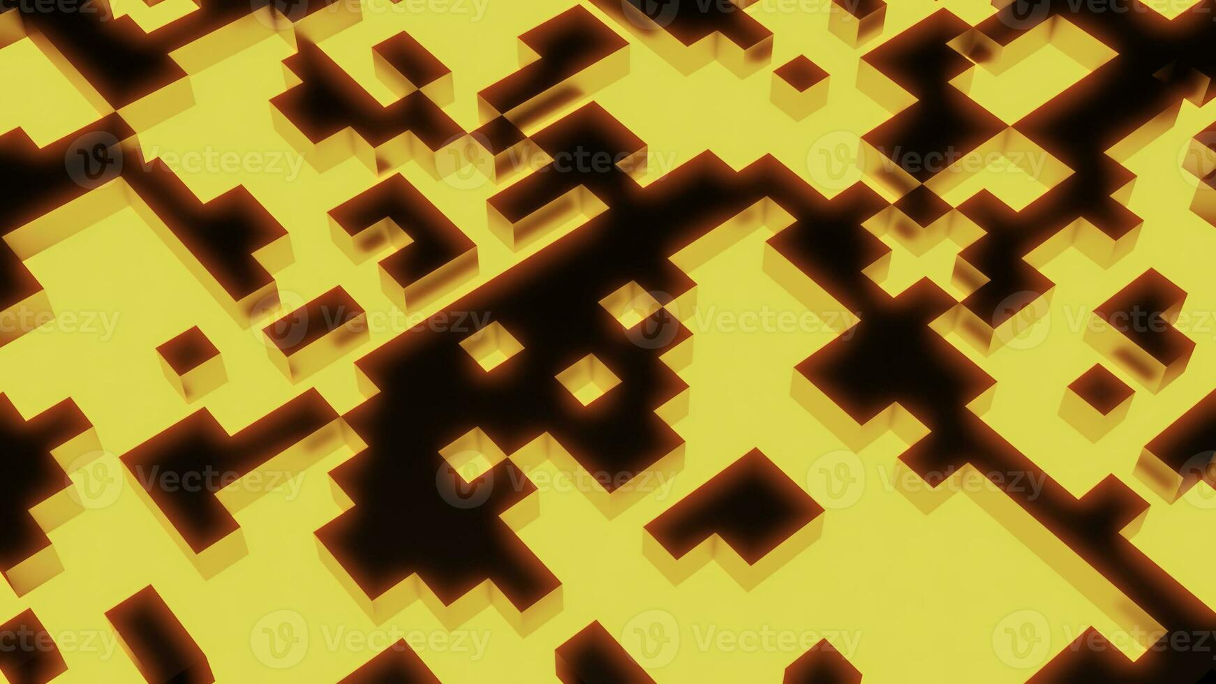 Retro tetris with glowing squares. Design. Background with small dark squares moving in electronic yellow field. photo