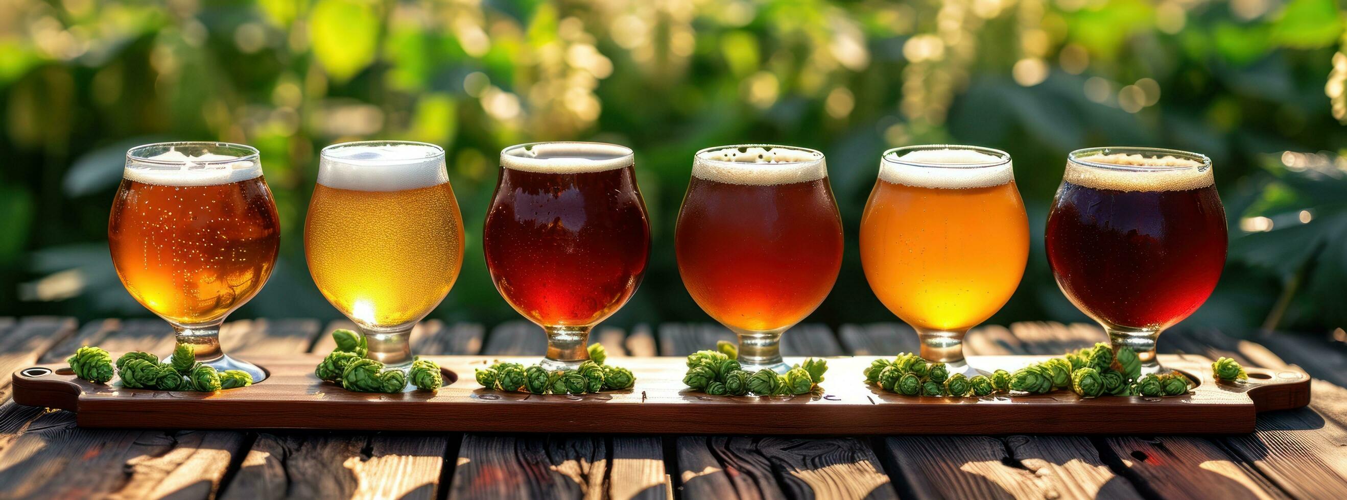 AI generated five beers with hops on a board on a table photo