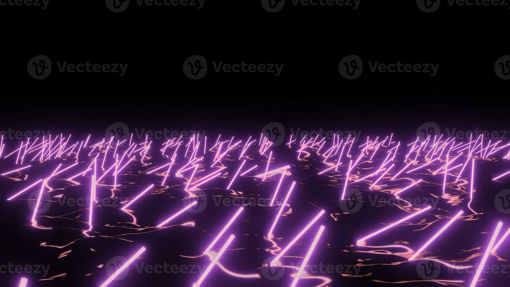 Abstract neon sticks on a wavy surface in the dark. Design. Floating 3D lines in a black abstract endless lake. photo