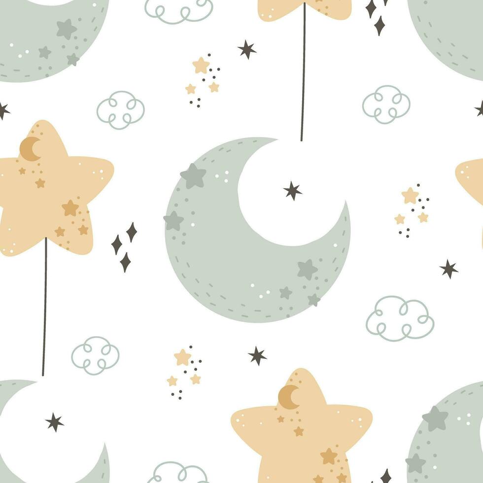 seamless pattern with cartoon balloon,  moon, stars. Colorful vector flat style for kids. Space. hand drawing. baby design for fabric, print, wrapper, textile