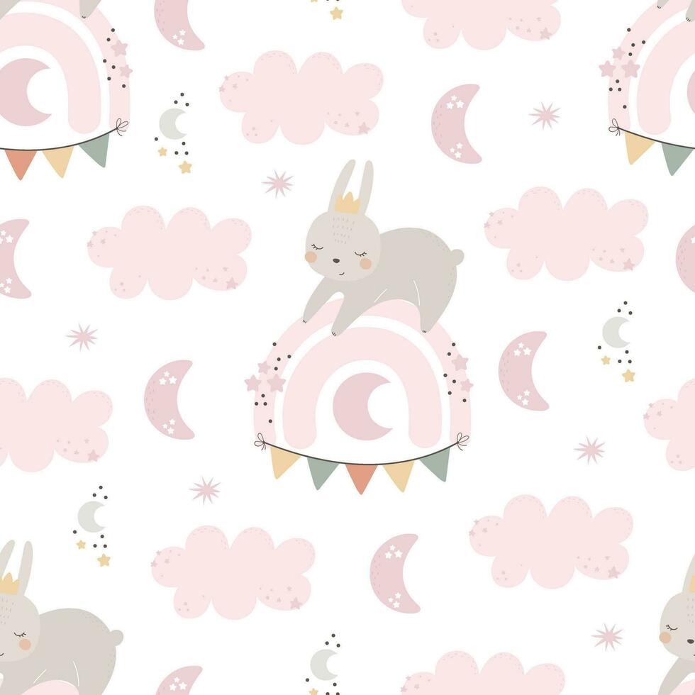 Seamless pattern with cute bunny, rainbow, decor elements. vector