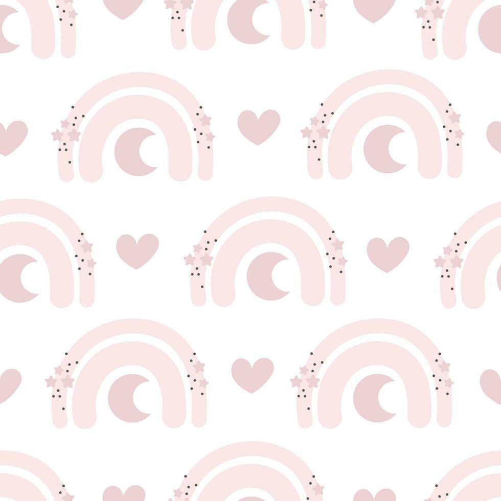 seamless pattern with cartoon rainbows, decor elements. colorful vector for kids. hand drawing, flat style. baby design for fabric, print, textile, wrapper