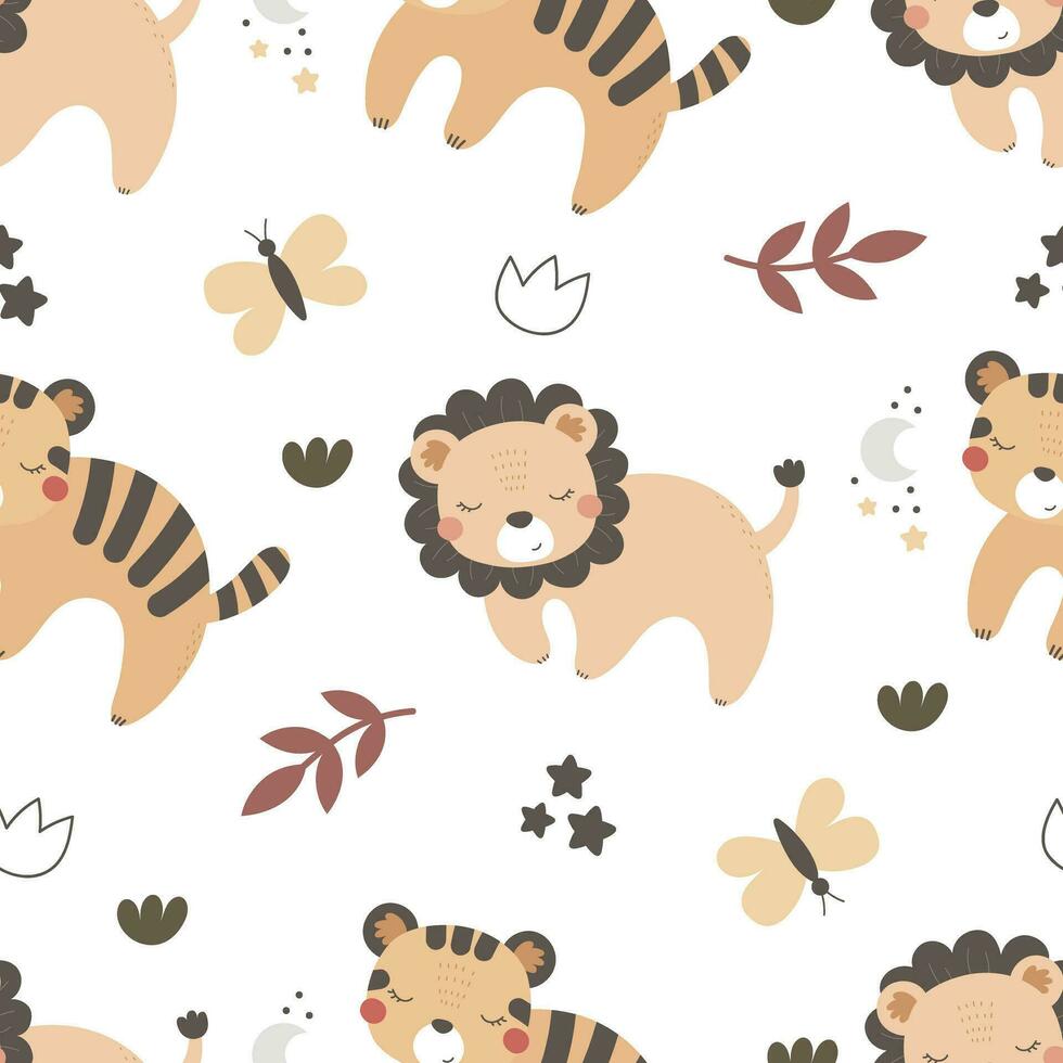 Seamless pattern with cute tiger, lion, decor elements. simple flat vector. Hand drawing for children. animal theme. vector