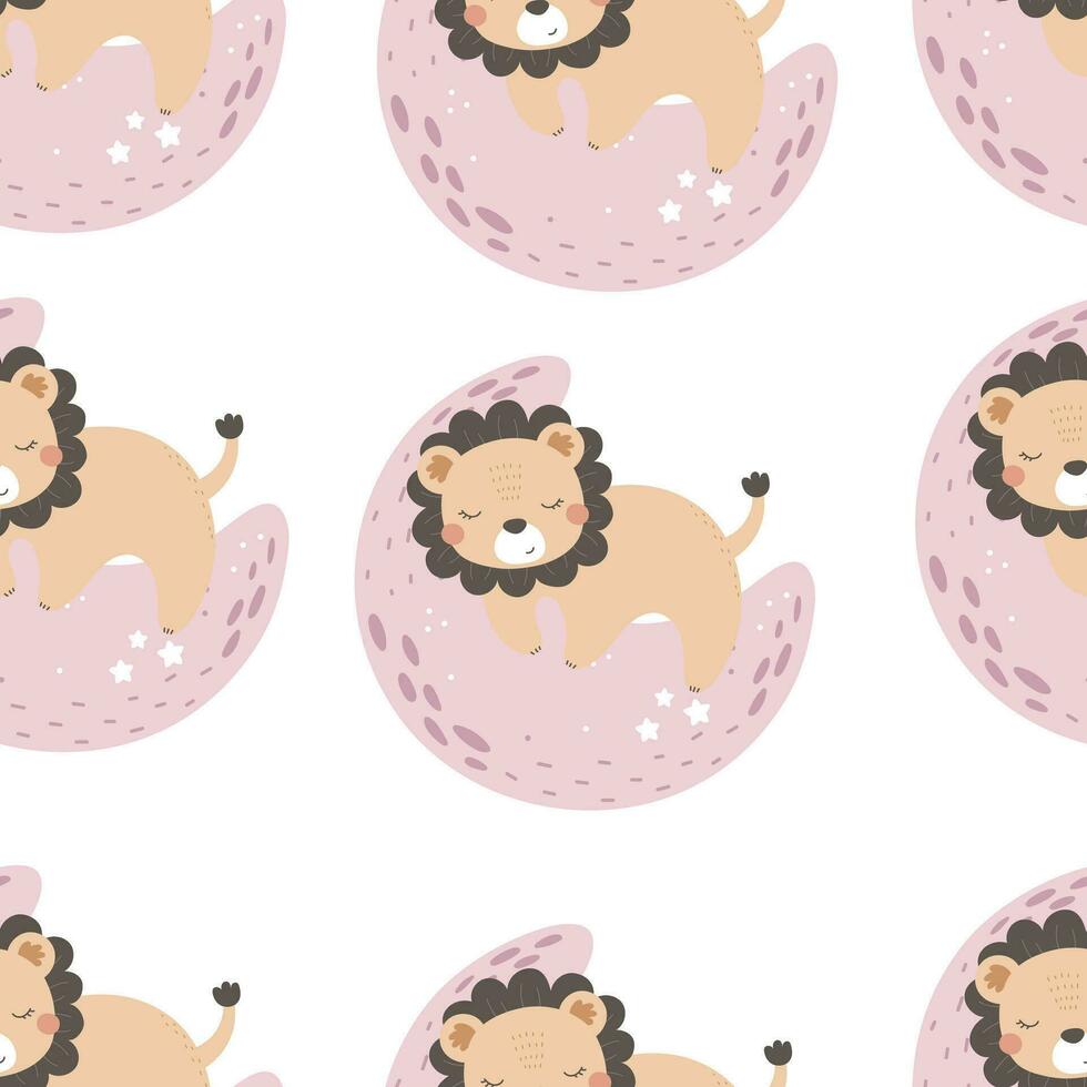 Seamless pattern with cute lion, moon, decor elements. simple flat vector. Hand drawing for children. animal theme. baby design for fabric, textile, wrapper, print. vector