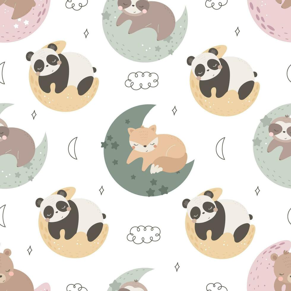 sin costura modelo con linda ranura, panda, zorro, decoración elementos. sencillo plano vector. mano dibujo para niños. animal tema. bebé diseño para tela, textil, envoltura, impresión. vector