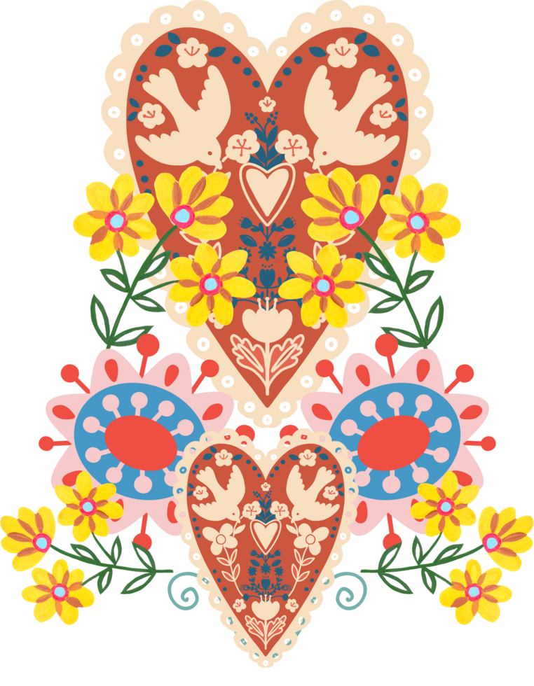 Polish folk art colorful traditional design elements valentine heart, flower, insect, bird, leaves. png