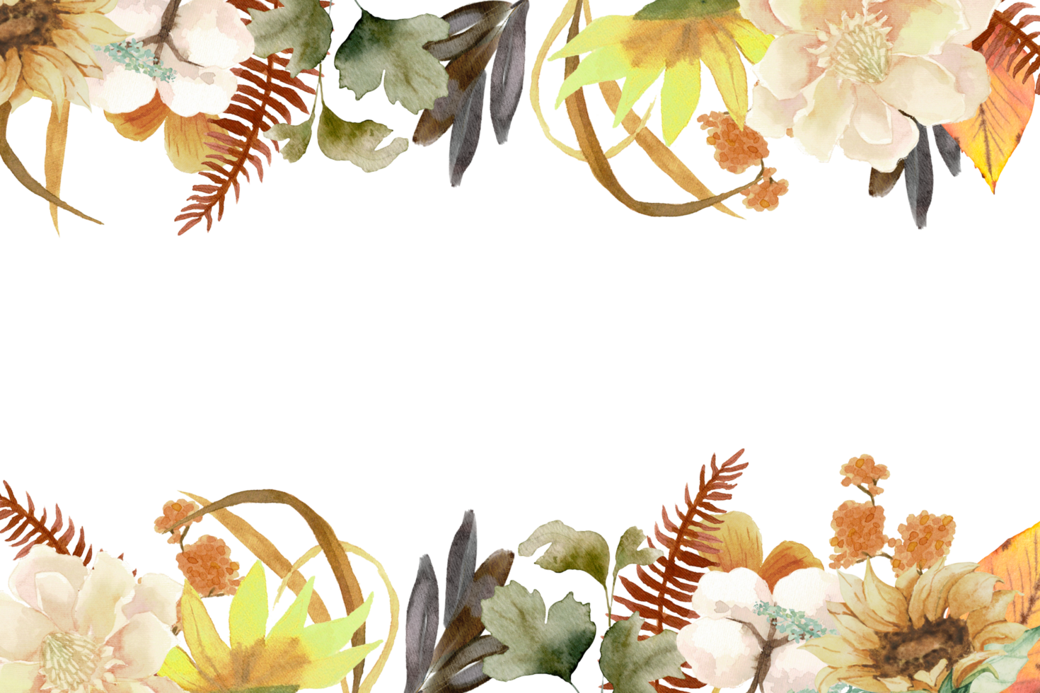 Elegant branches of dried flowers, leaves, herbs, seasonal branch meadow grasses and ferns frame border banner png