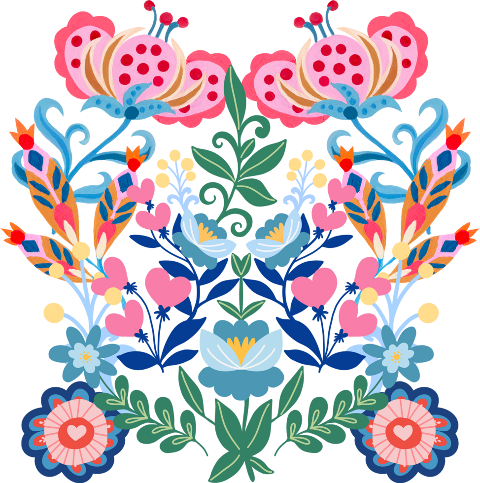 Polish folk art colorful traditional design elements valentine heart, flower, insect, bird, leaves. png