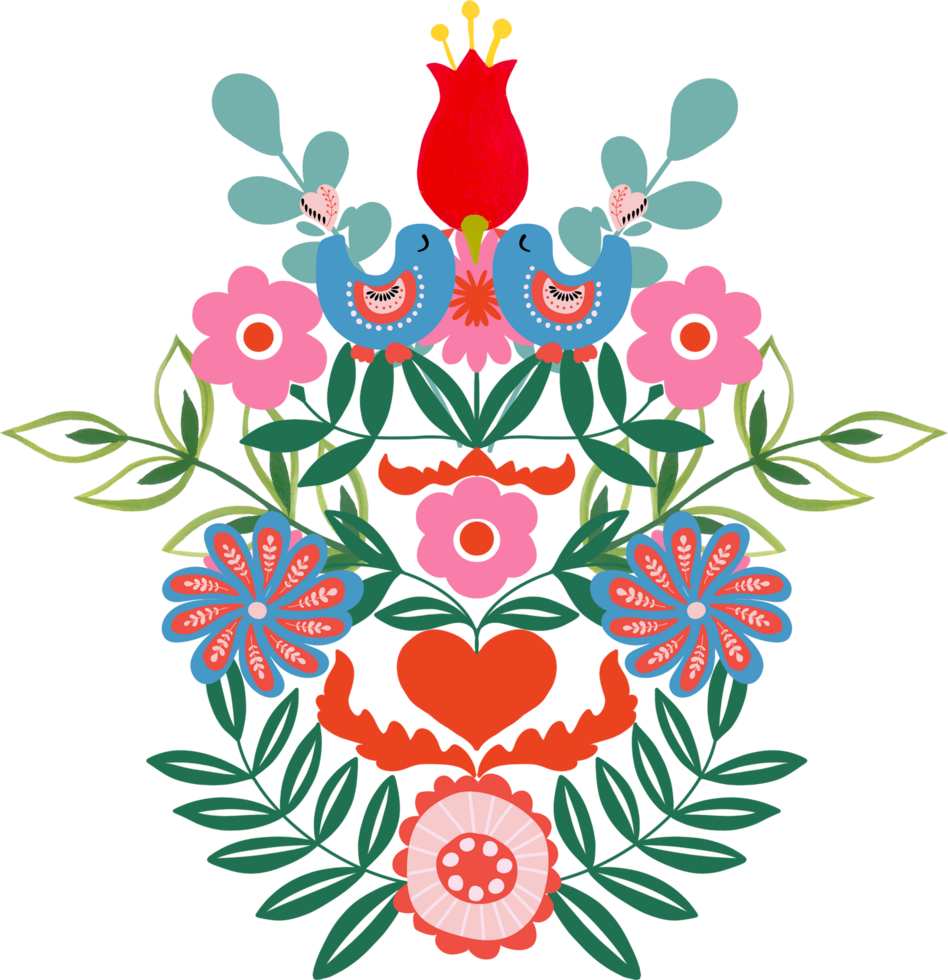 Polish folk art colorful traditional design elements valentine heart, flower, insect, bird, leaves. png