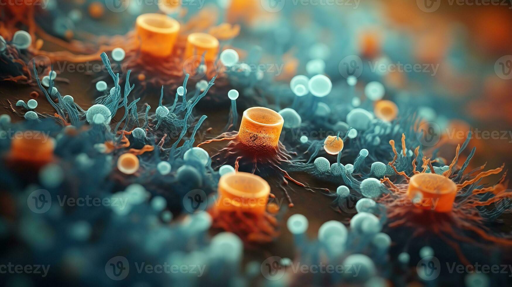 AI generated Candida and bacteria colonies under a microscope. Generative AI photo