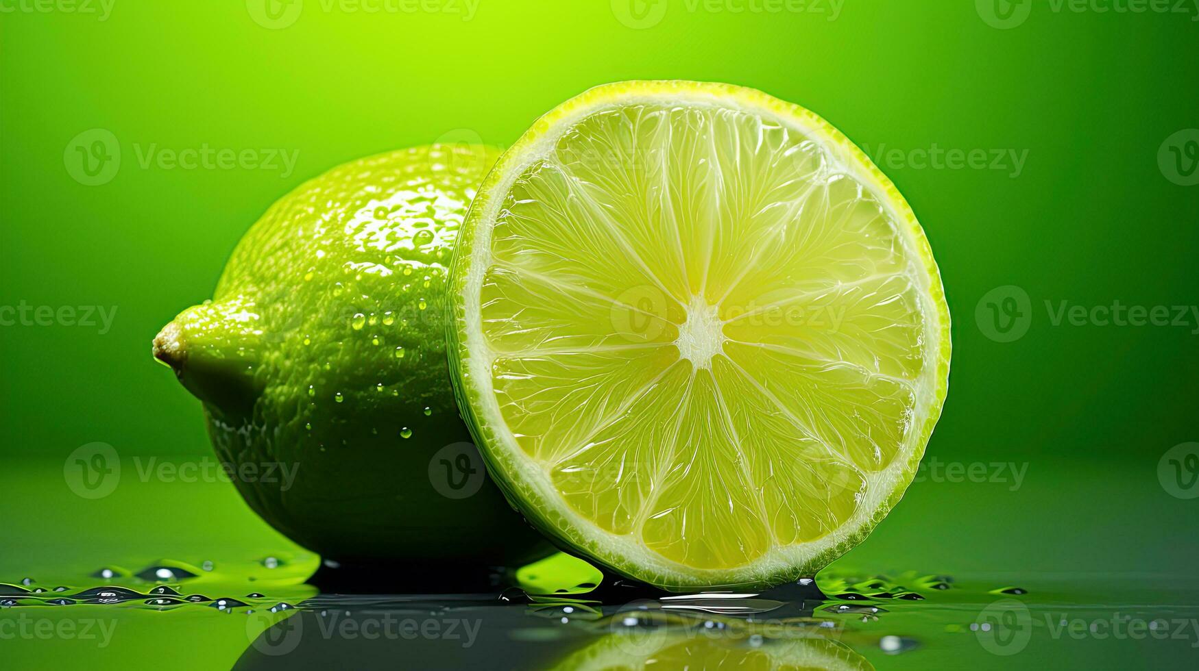 AI generated Lime Citrus Fruits. Close up shot of wet limes. Created with Generative AI photo