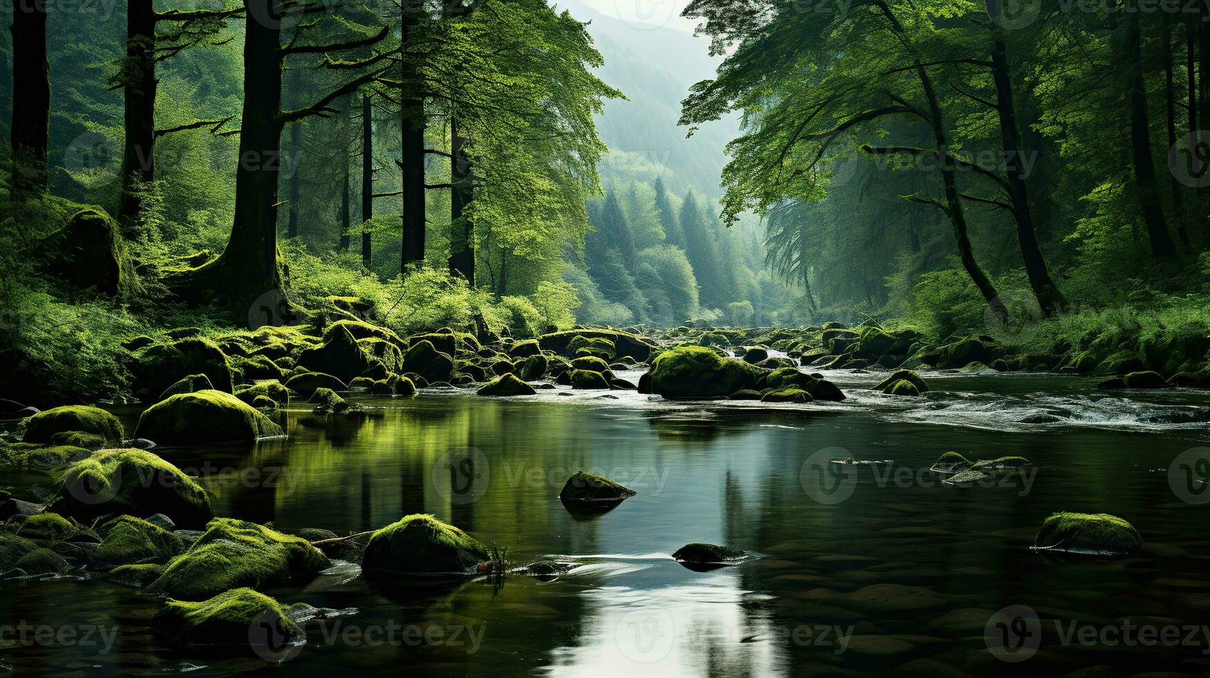 ai generado un río fluido mediante un bosque. creado con generativo ai foto