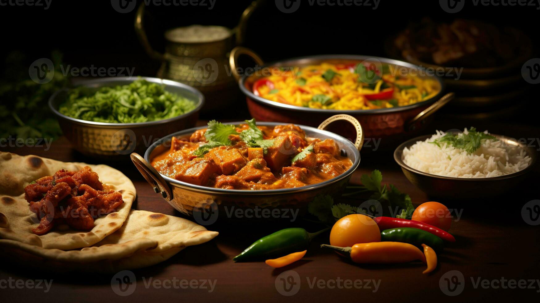 AI generated Homemade curry in plate on wooden table background Created with Generative AI photo