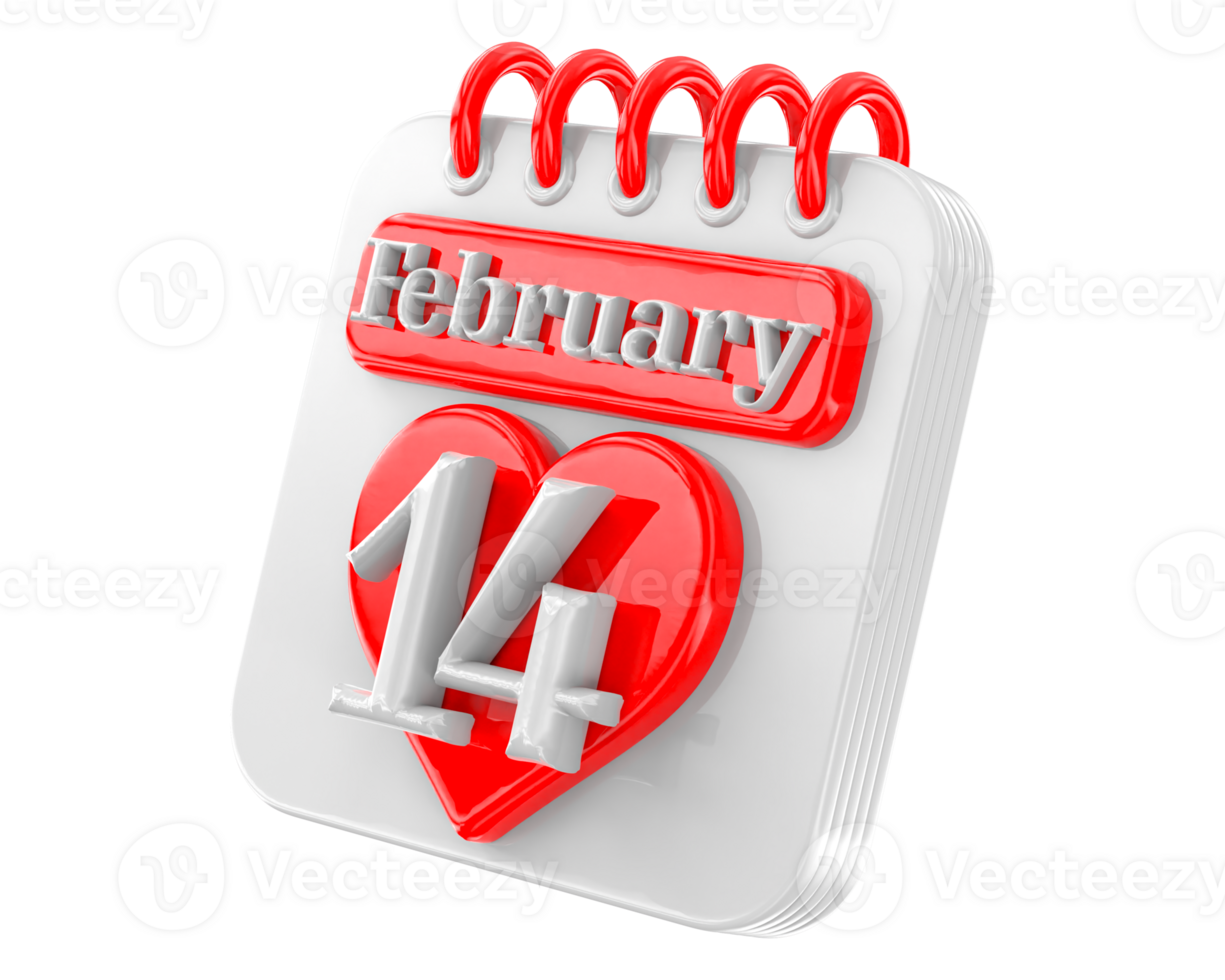 February 14 day For valentine with heart Red 3d rendering png