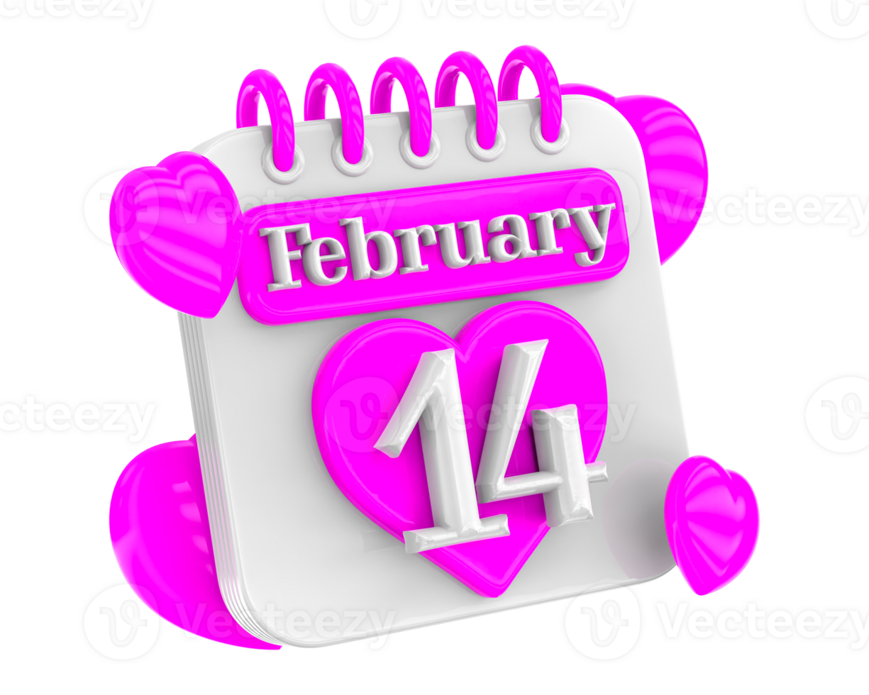 February 14 day For valentine with heart Pink 3d render png