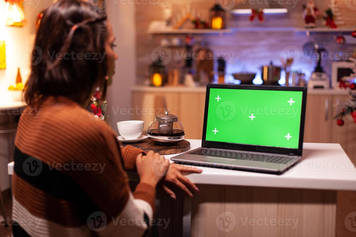 Caucasian adult looking at laptop computer with green screen modern technology for mockup template gadget. Young festive woman using device for digital chroma key isolated display photo