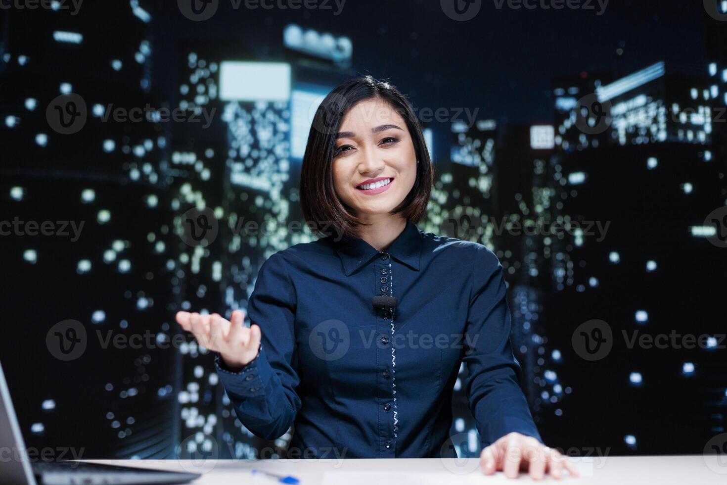 Newscaster hosting night show for news segment, discussing about latest events worldwide in newsroom. Journalist presenting international news and covering all daily topics, tv channel. photo