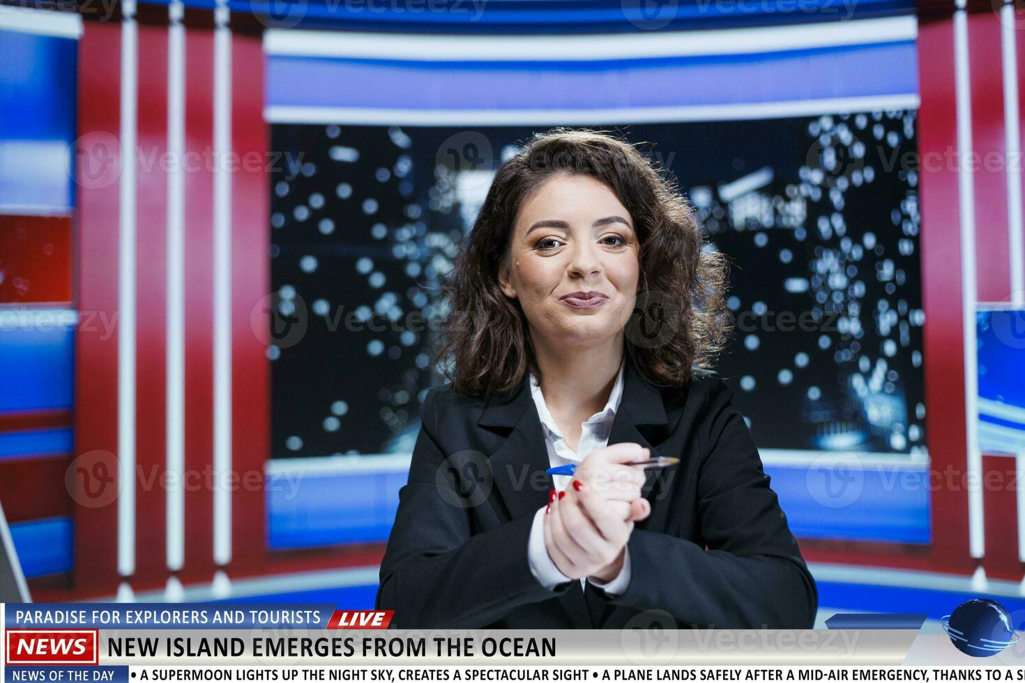 Rare natural phenomenon on live talk show presented by media reporter, new island emerges from the ocean creating new paradise exploration place. Newscaster introducing new holiday destination. photo