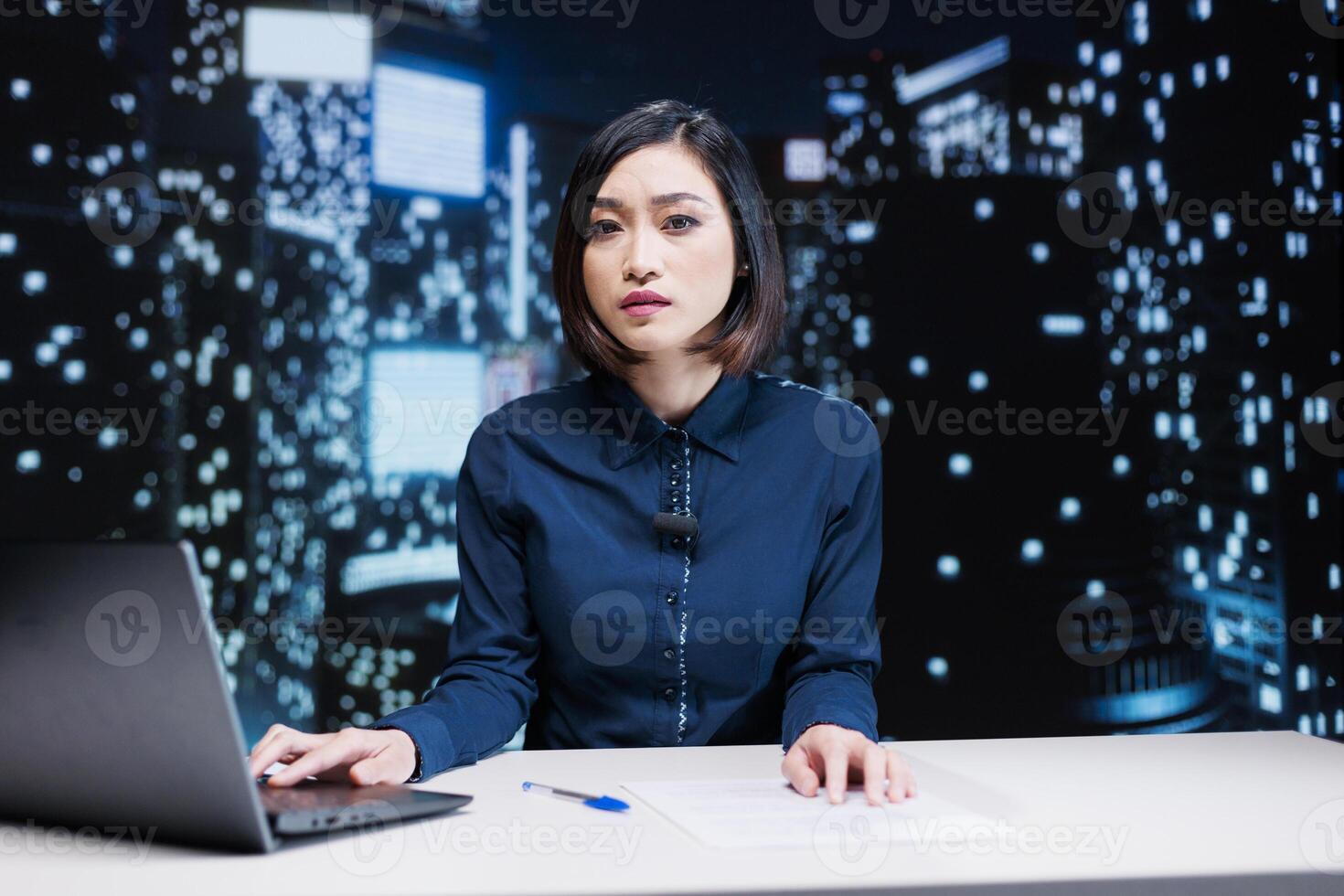 TV presenter hosting midnight show live on television to discuss about daily incidents and celebrity drama, breaking news media details. Reporter working on exclusive content for program. photo