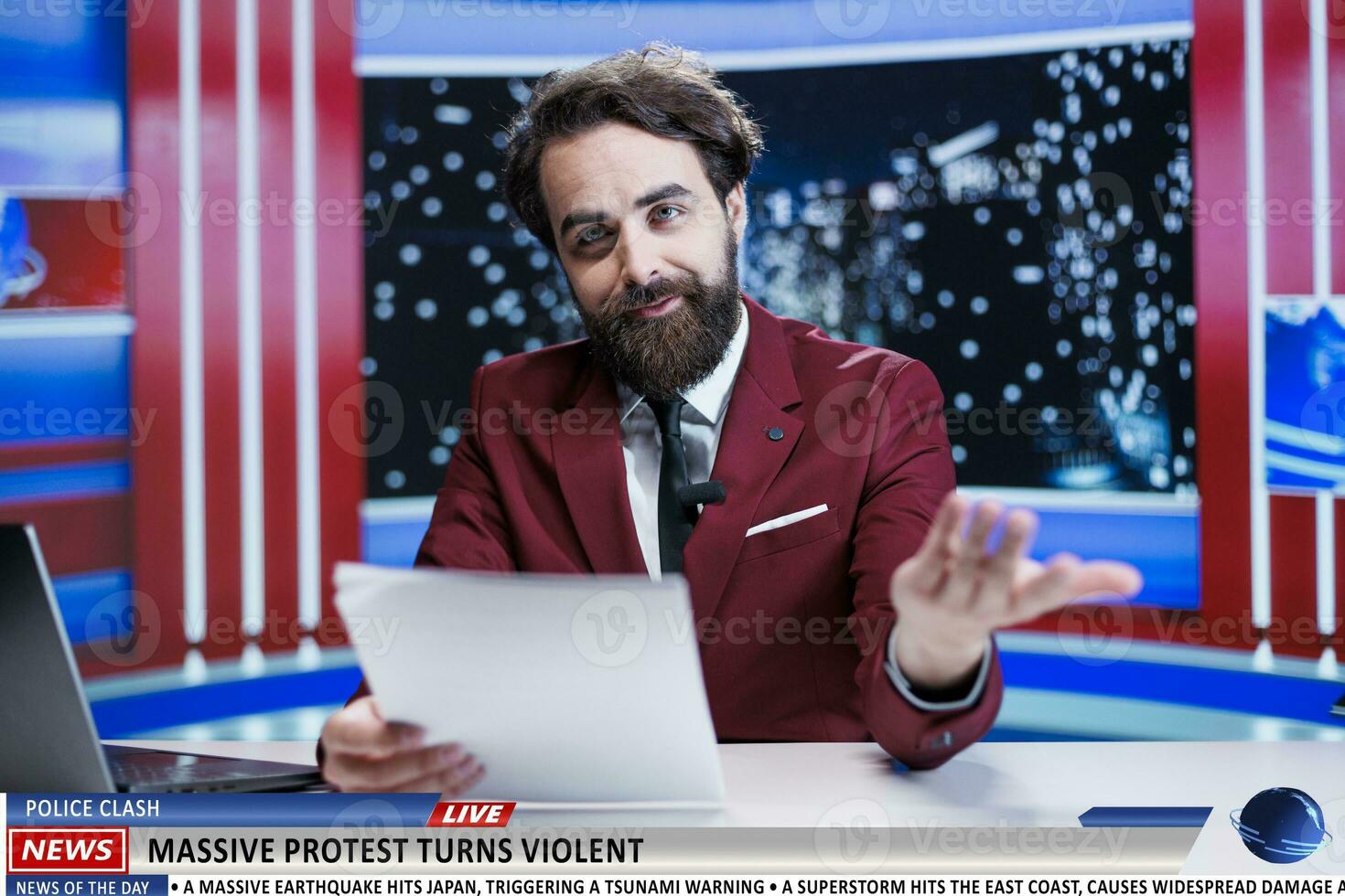 Newscaster covers protest news topic, talking about massive demonstration with crowd of people on strike. Journalist presenting report about violent community protesting, live talk show. photo