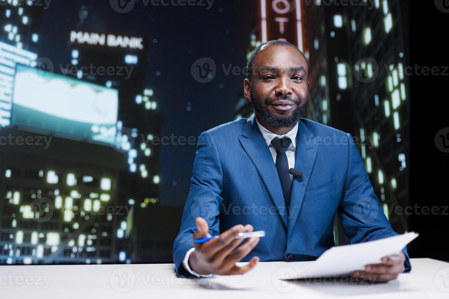 News anchor presents latest scandals and celebrity drama, discussing about media headlines with exclusive details. African american journalist broadcasting live information on tv network. photo