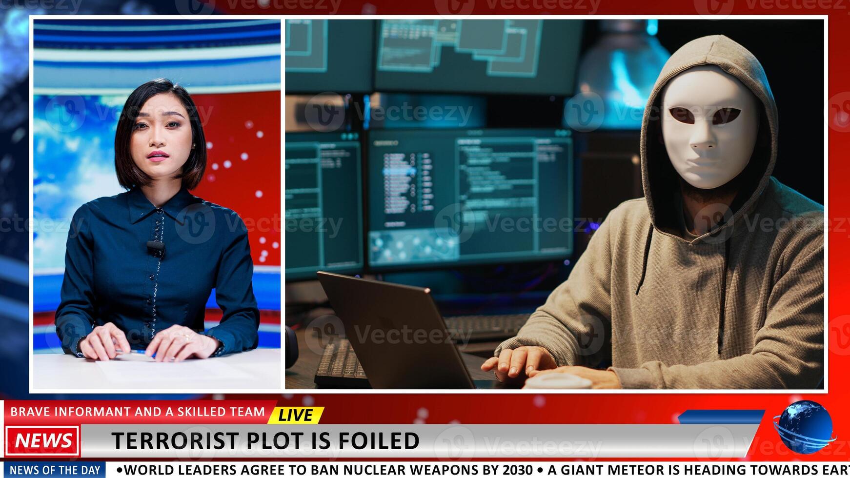 Asian reporter talks about cyber attacks, IT technicians solving terrorist malware danger before stealing official secret information. Woman newscaster covers relevant news topics. photo