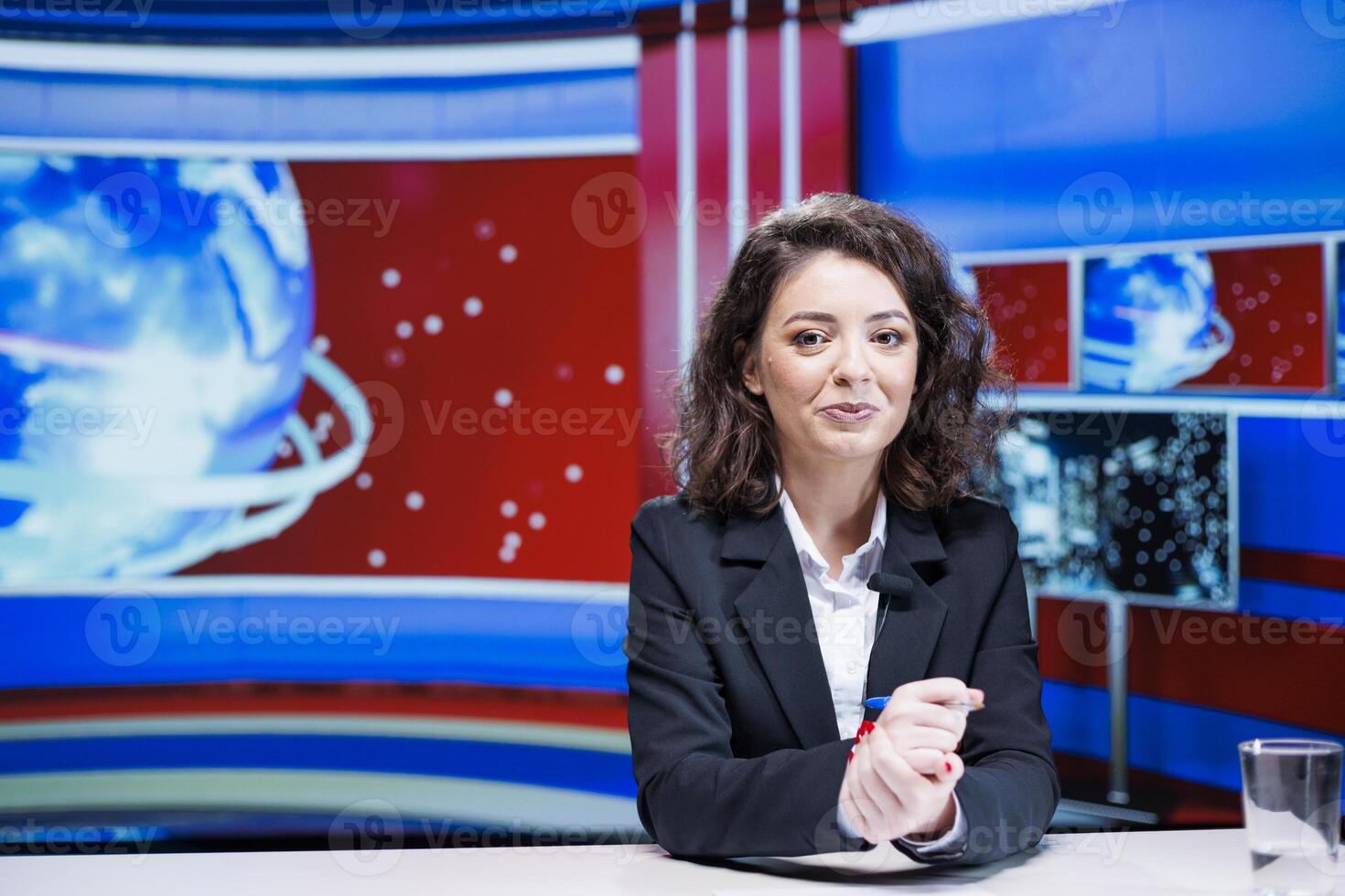 TV reporter presenting live information on television network, transmitting from media newsroom. Woman journalist addressing latest events and covering daily international topics. photo