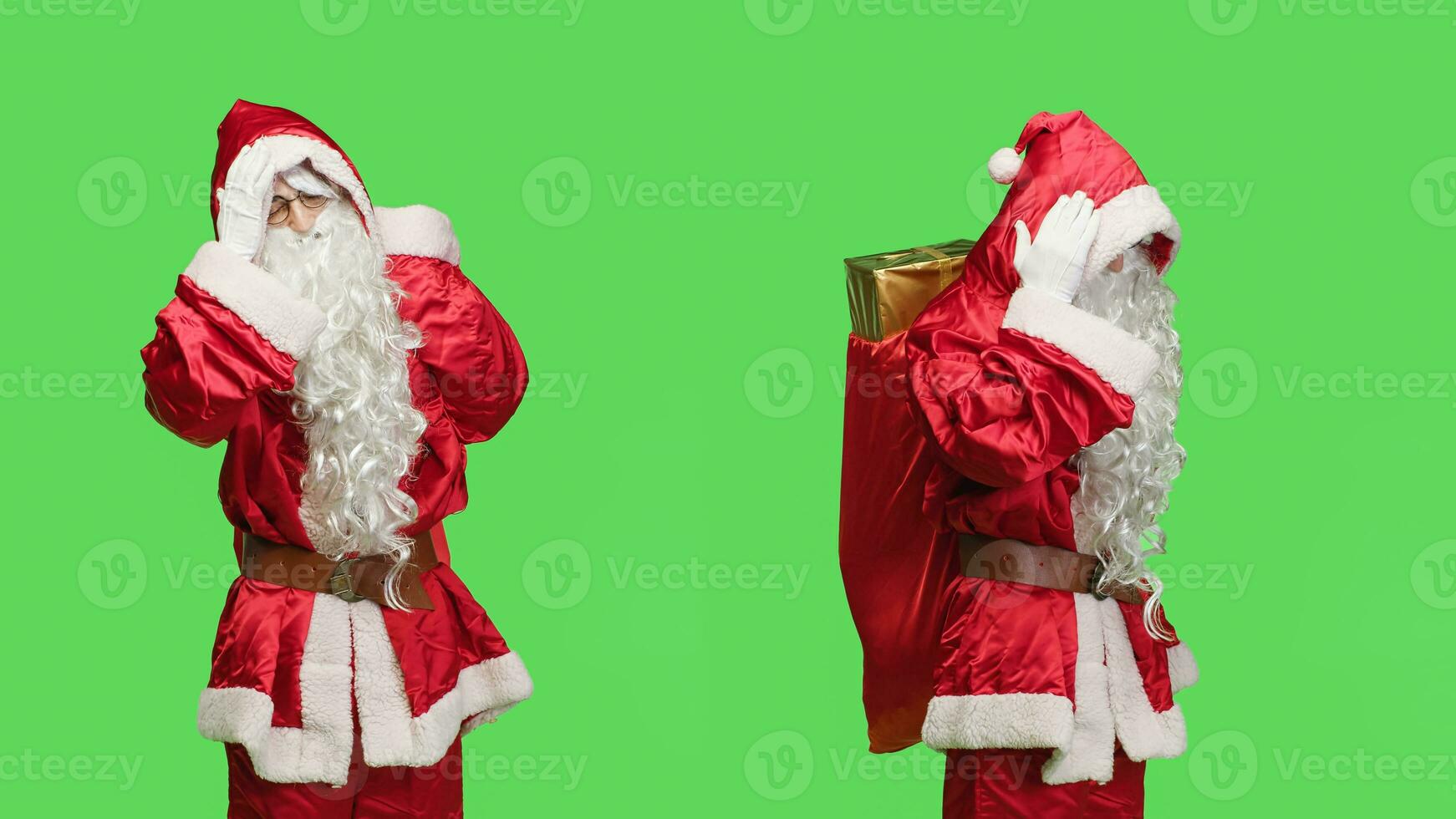 Father christmas with migraine carry sack full of presents, trying to spread xmas spirit but feeling unwell. Man portraying santa claus and dealing with headache, feel sick in festive costume. photo